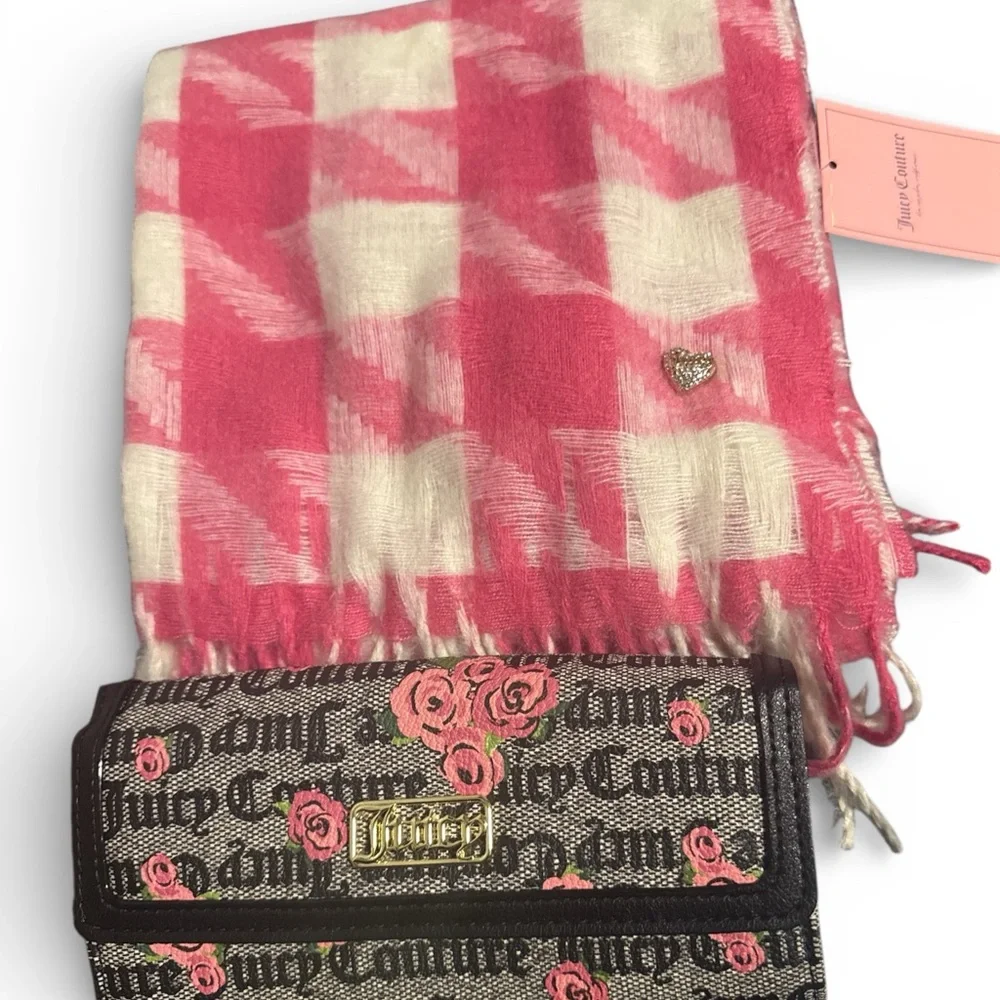 Juicy Couture Pink and Cream Checkered Scarf with Black Floral Wallet